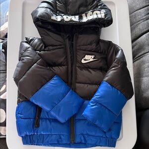 Nike Kids Black and Blue Hooded Puffer Jacket